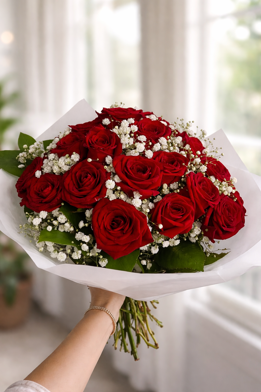 25 Red Roses with Baby’s Breath Bouquet